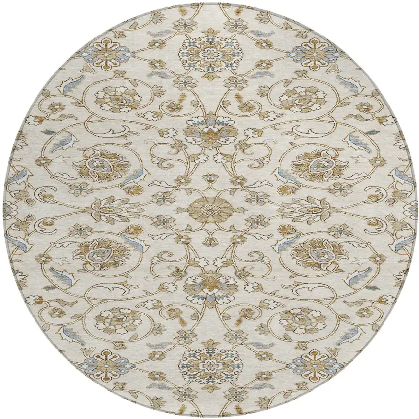 8' Ivory Brown And Gray Round Moroccan Washable Indoor Outdoor Area Rug Photo 2