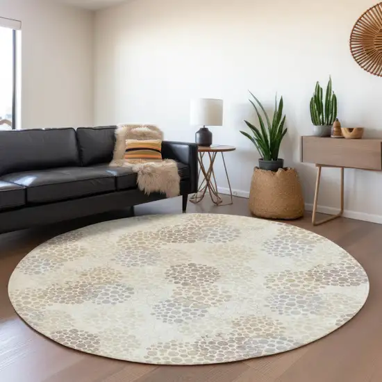 8' Ivory Brown And Gray Round Polka Dot Washable Indoor Outdoor Area Rug Photo 8