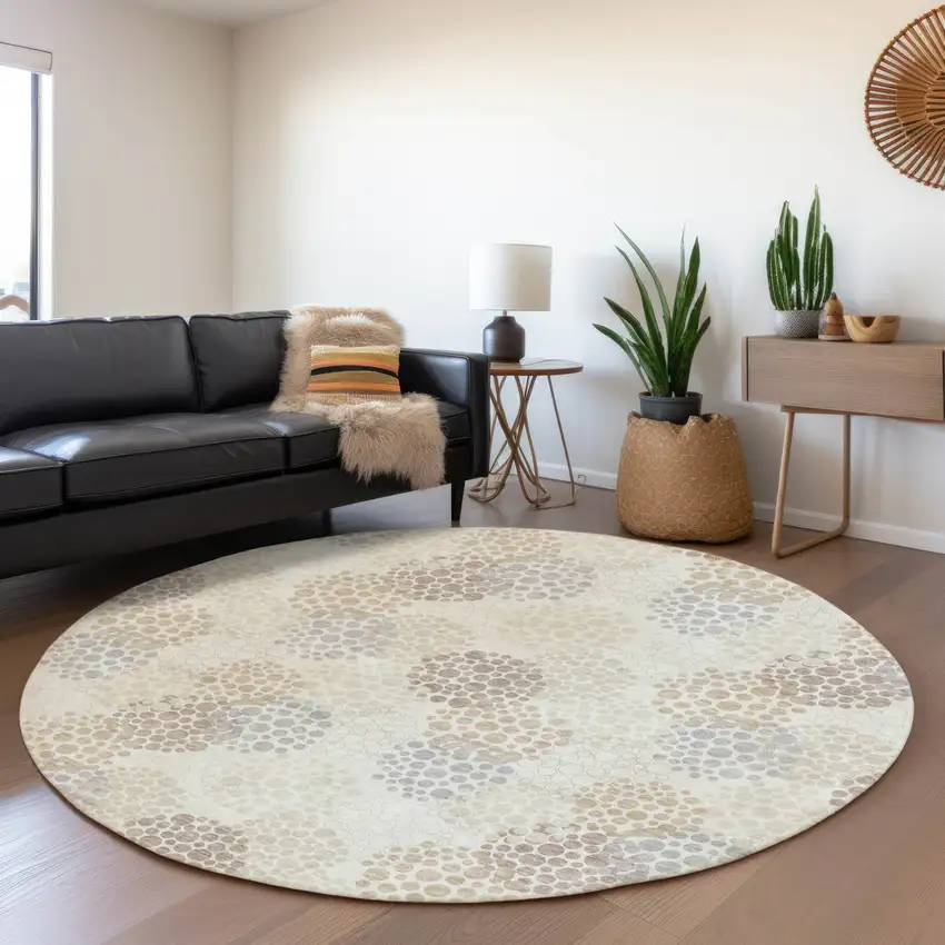 8' Ivory Brown And Gray Round Polka Dot Washable Indoor Outdoor Area Rug Photo 8
