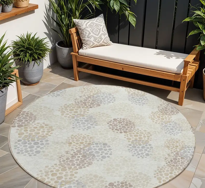 8' Ivory Brown And Gray Round Polka Dot Washable Indoor Outdoor Area Rug Photo 1