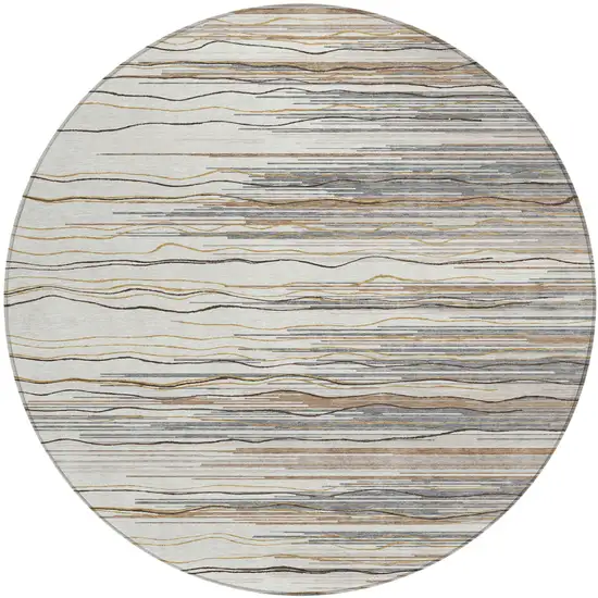 8' Ivory Brown And Gray Round Striped Washable Indoor Outdoor Area Rug Photo 2