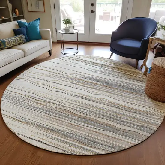 8' Ivory Brown And Gray Round Striped Washable Indoor Outdoor Area Rug Photo 7