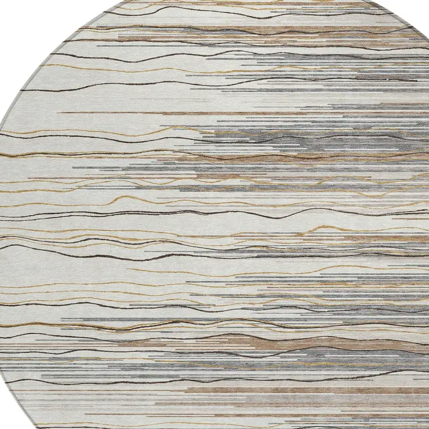 8' Ivory Brown And Gray Round Striped Washable Indoor Outdoor Area Rug Photo 4