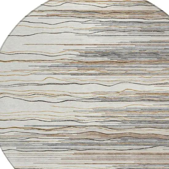 8' Ivory Brown And Gray Round Striped Washable Indoor Outdoor Area Rug Photo 4