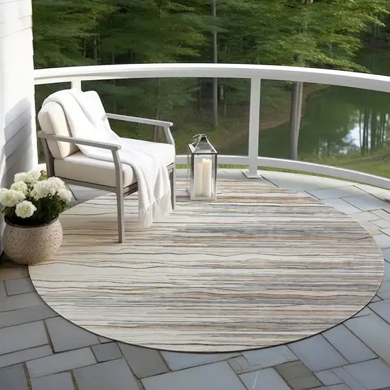 8' Ivory Brown And Gray Round Striped Washable Indoor Outdoor Area Rug Photo 6