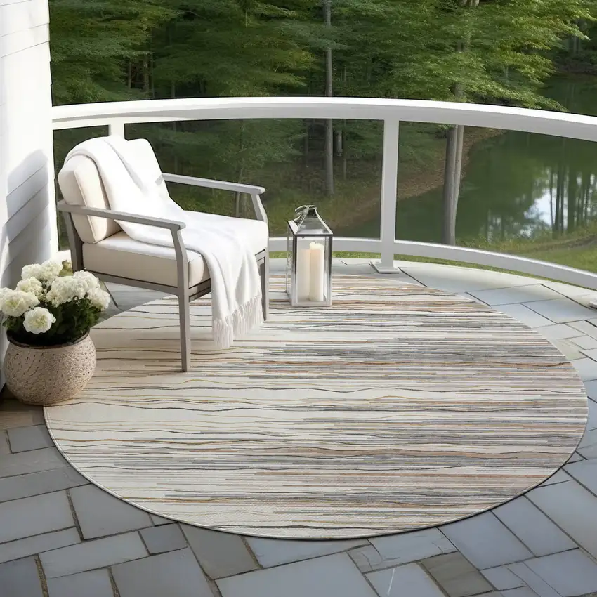 8' Ivory Brown And Gray Round Striped Washable Indoor Outdoor Area Rug Photo 6