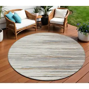 Photo of 8' Ivory Brown And Gray Round Striped Washable Indoor Outdoor Area Rug
