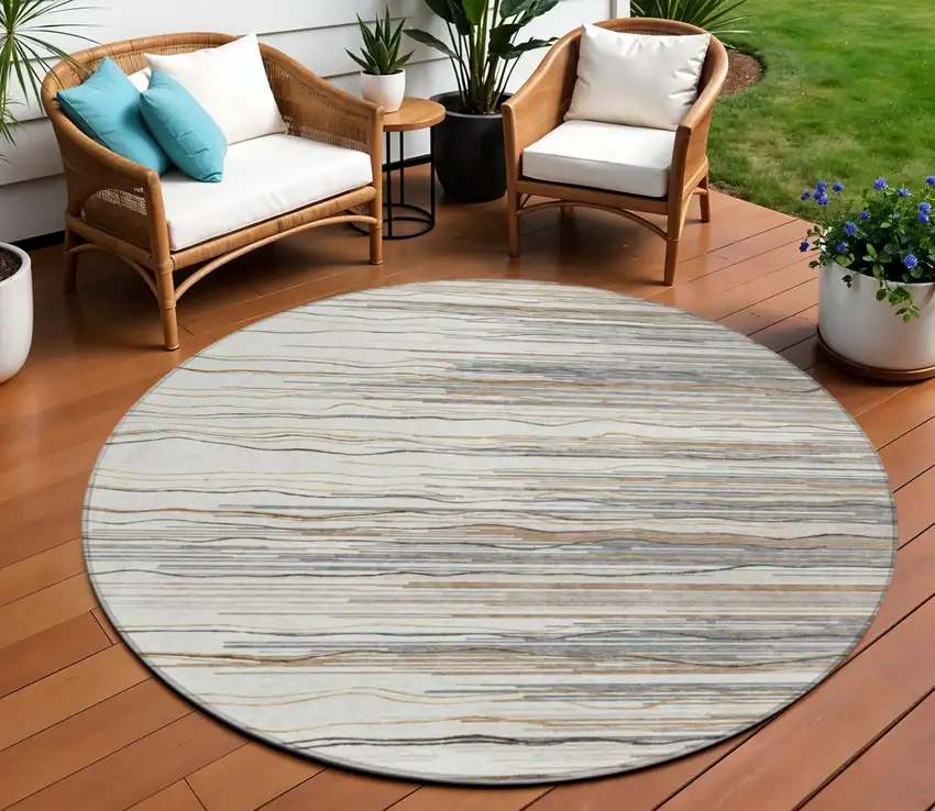 8' Ivory Brown And Gray Round Striped Washable Indoor Outdoor Area Rug Photo 1