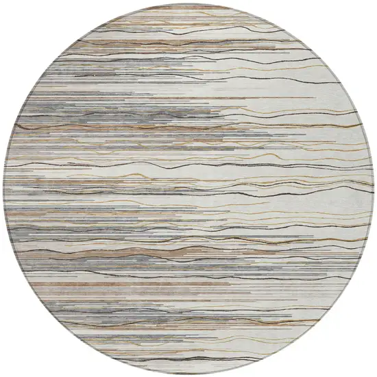 8' Ivory Brown And Gray Round Striped Washable Indoor Outdoor Area Rug Photo 5