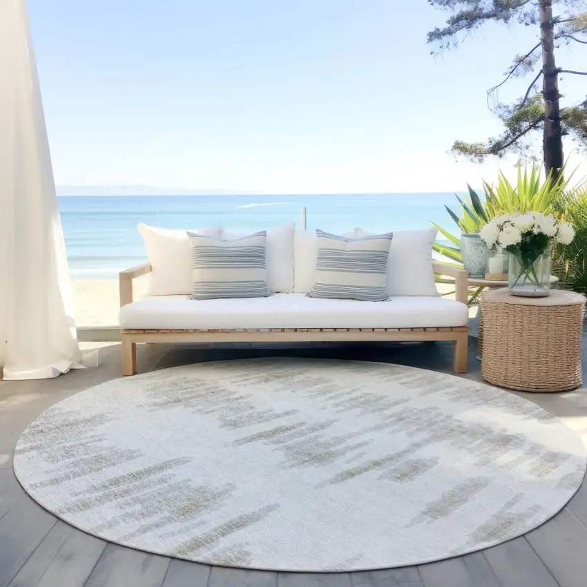 8' Ivory Brown And Gray Round Striped Washable Indoor Outdoor Area Rug Photo 6