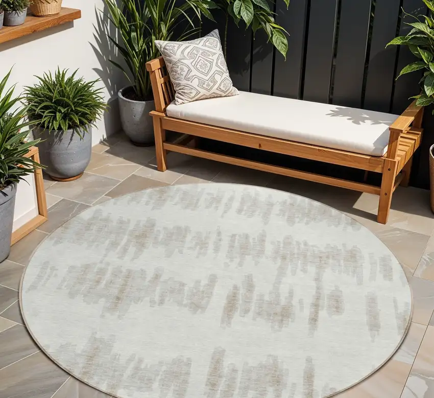 8' Ivory Brown And Gray Round Striped Washable Indoor Outdoor Area Rug Photo 1