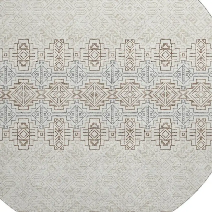 8' Ivory Brown And Gray Southwestern Washable Round Rug With UV Protection Photo 2