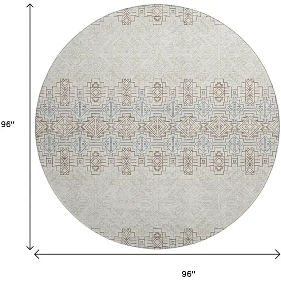 8' Ivory Brown And Gray Southwestern Washable Round Rug With UV Protection Photo 9
