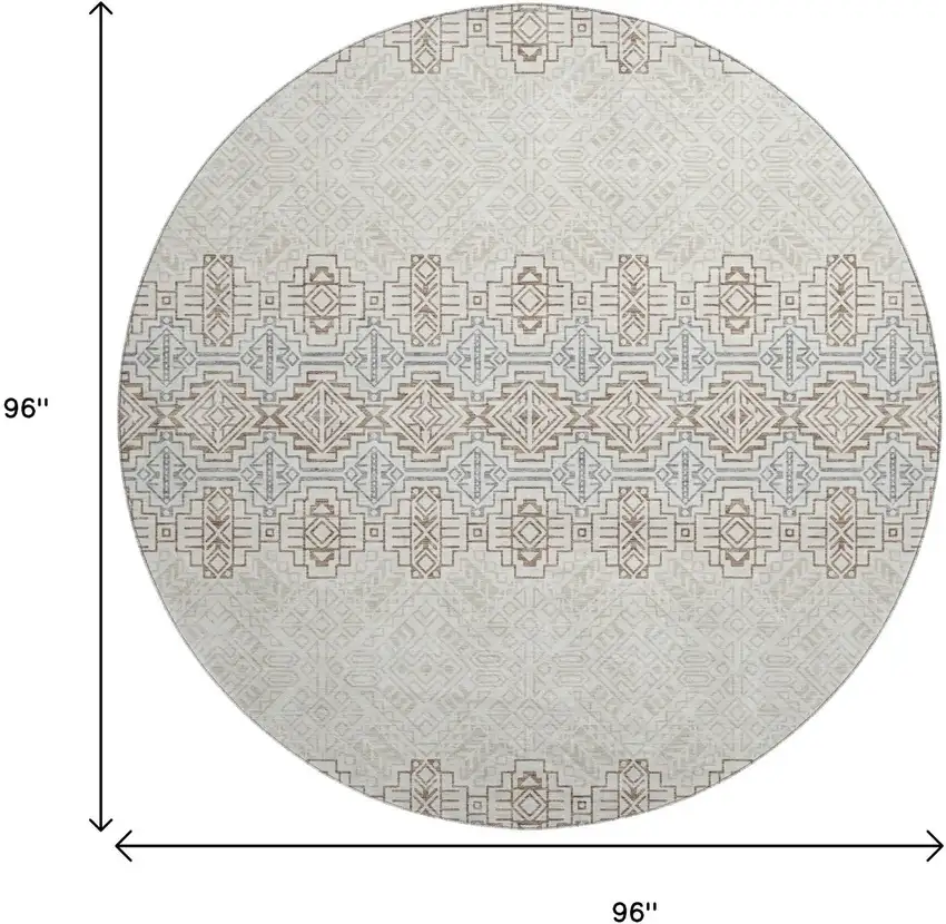 8' Ivory Brown And Gray Southwestern Washable Round Rug With UV Protection Photo 9