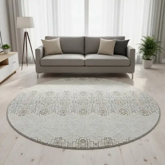 8' Ivory Brown And Gray Southwestern Washable Round Rug With UV Protection Photo 2