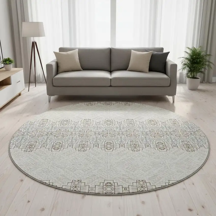 8' Ivory Brown And Gray Southwestern Washable Round Rug With UV Protection Photo 2