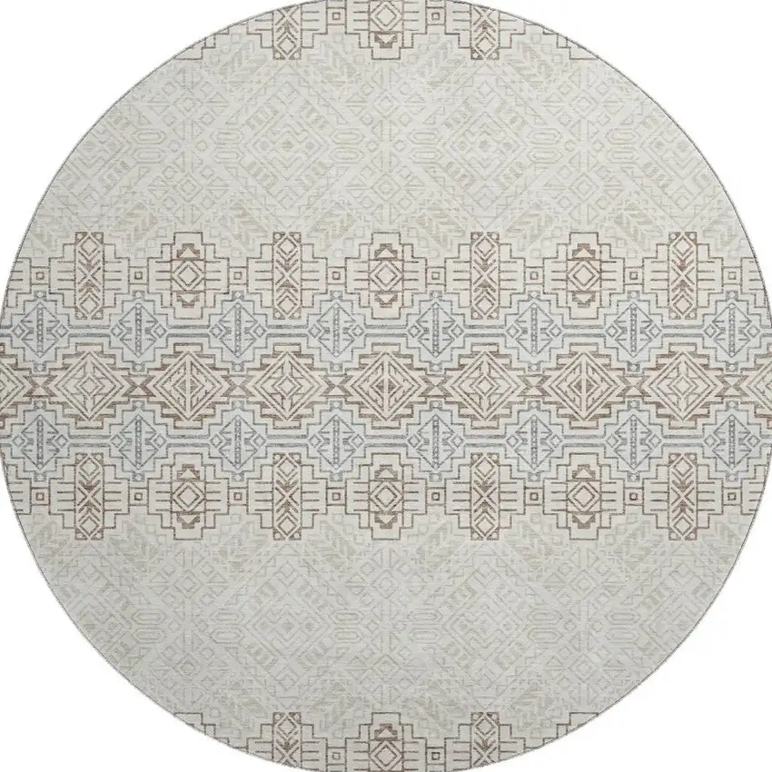 8' Ivory Brown And Gray Southwestern Washable Round Rug With UV Protection Photo 3