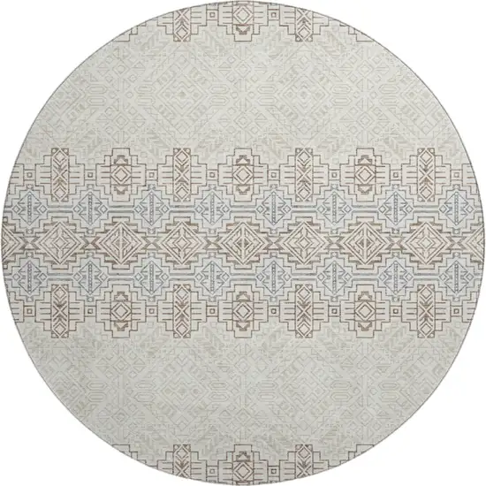 8' Ivory Brown And Gray Southwestern Washable Round Rug With UV Protection Photo 1