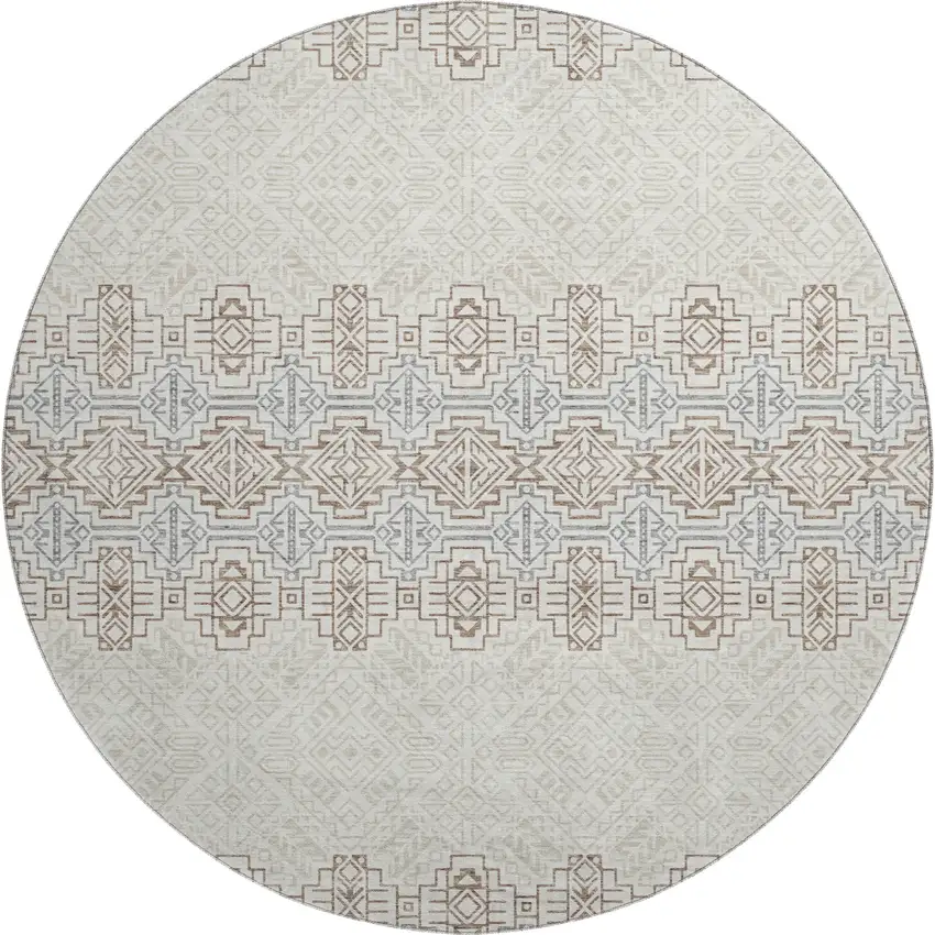 8' Ivory Brown And Gray Southwestern Washable Round Rug With UV Protection Photo 1