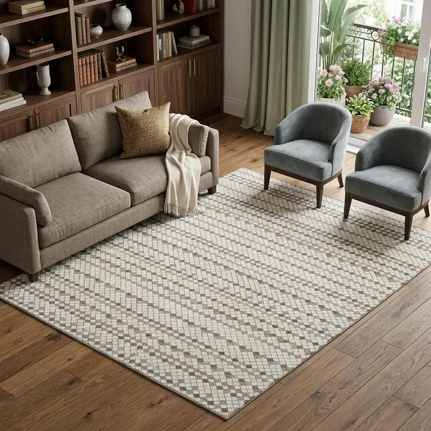 8' Ivory Brown And Gray Striped Washable Area Rug With UV Protection Photo 1