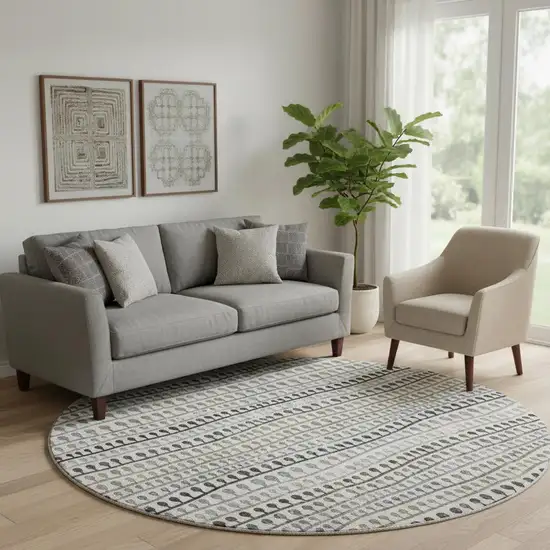 8' Ivory Brown And Gray Striped Washable Round Rug With UV Protection Photo 1