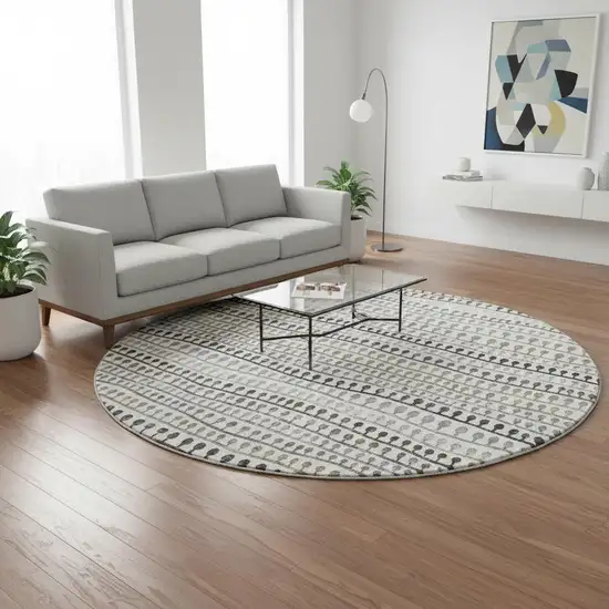 8' Ivory Brown And Gray Striped Washable Round Rug With UV Protection Photo 2