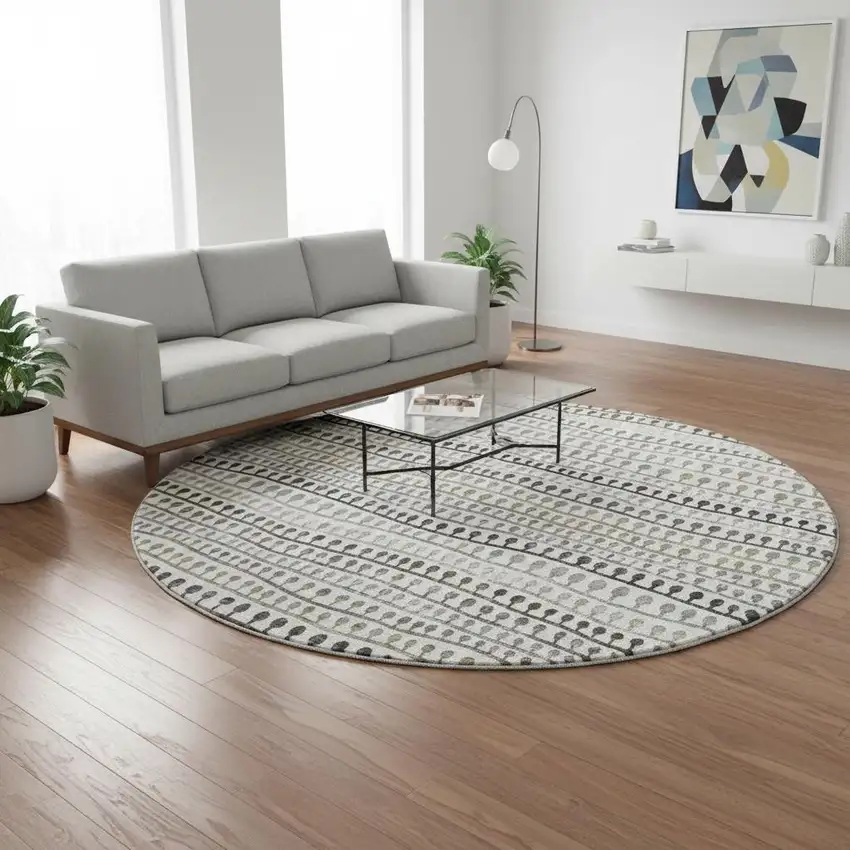 8' Ivory Brown And Gray Striped Washable Round Rug With UV Protection Photo 2