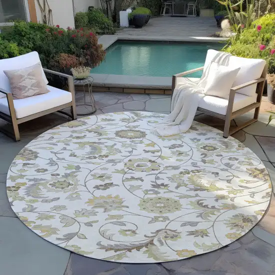 8' Ivory Brown And Green Round Floral Washable Indoor Outdoor Area Rug Photo 7