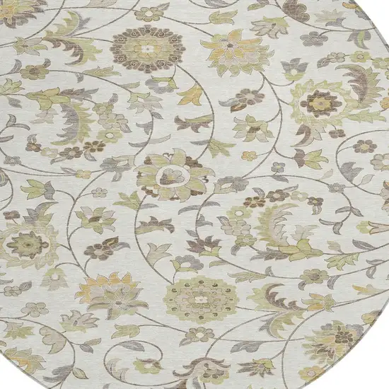 8' Ivory Brown And Green Round Floral Washable Indoor Outdoor Area Rug Photo 4