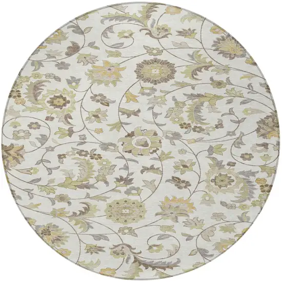 8' Ivory Brown And Green Round Floral Washable Indoor Outdoor Area Rug Photo 6