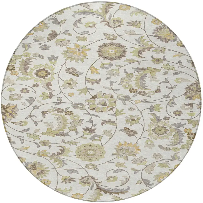 8' Ivory Brown And Green Round Floral Washable Indoor Outdoor Area Rug Photo 6