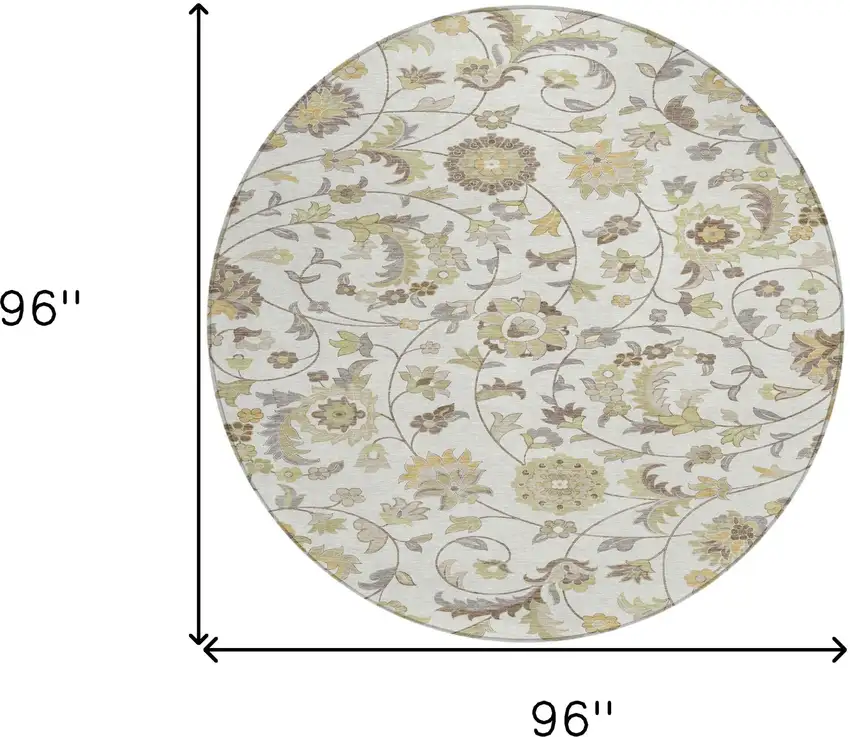 8' Ivory Brown And Green Round Floral Washable Indoor Outdoor Area Rug Photo 3