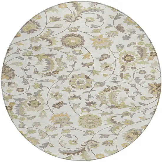 8' Ivory Brown And Green Round Floral Washable Indoor Outdoor Area Rug Photo 2