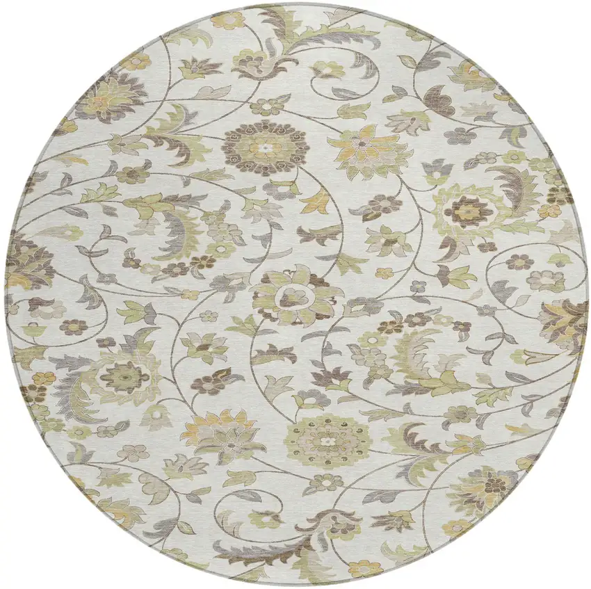 8' Ivory Brown And Green Round Floral Washable Indoor Outdoor Area Rug Photo 2