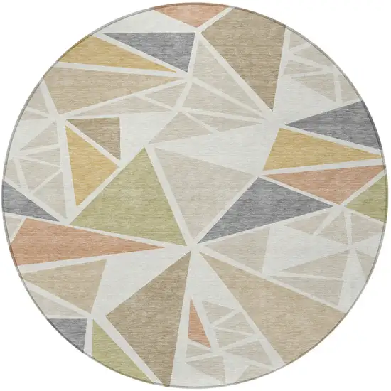 8' Ivory Brown And Green Round Geometric Washable Indoor Outdoor Area Rug Photo 5