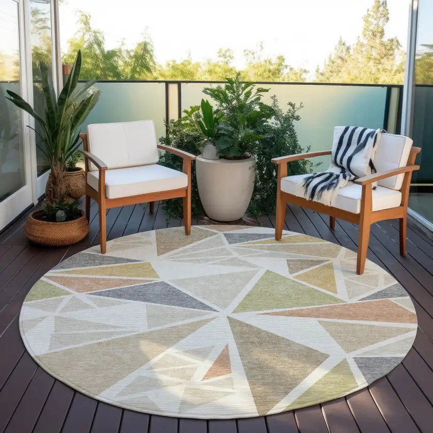 8' Ivory Brown And Green Round Geometric Washable Indoor Outdoor Area Rug Photo 6