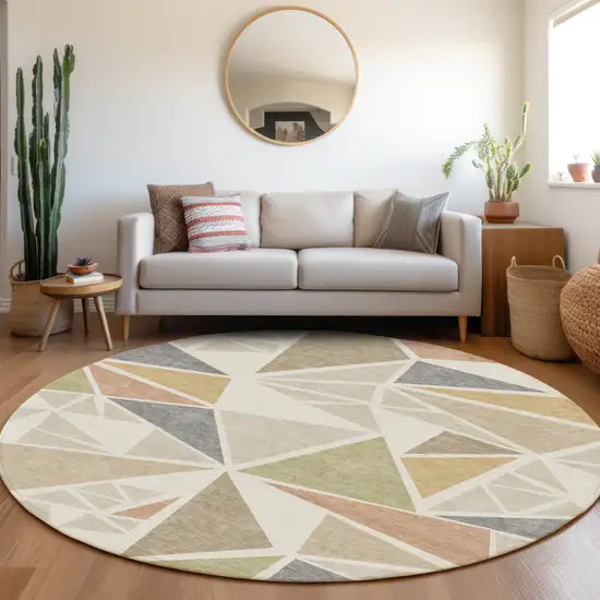 8' Ivory Brown And Green Round Geometric Washable Indoor Outdoor Area Rug Photo 7