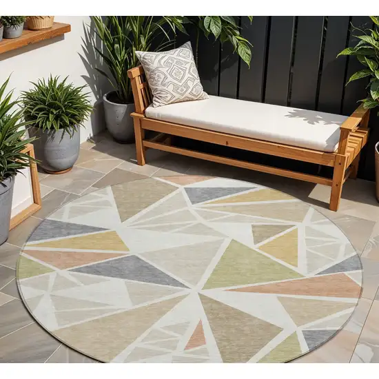 8' Ivory Brown And Green Round Geometric Washable Indoor Outdoor Area Rug Photo 1
