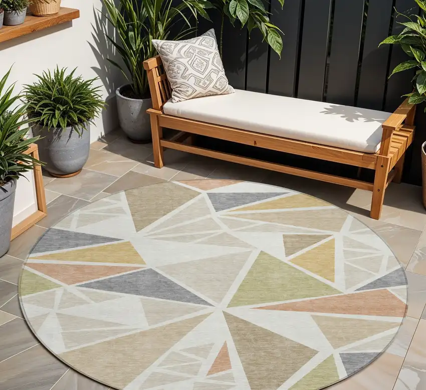 8' Ivory Brown And Green Round Geometric Washable Indoor Outdoor Area Rug Photo 1