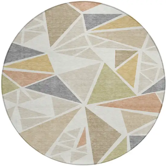 8' Ivory Brown And Green Round Geometric Washable Indoor Outdoor Area Rug Photo 2