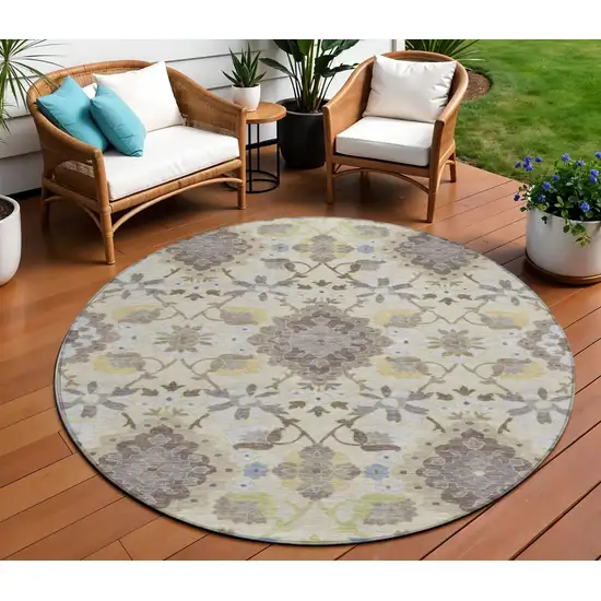 8' Ivory Brown And Green Round Oriental Washable Indoor Outdoor Area Rug Photo 1