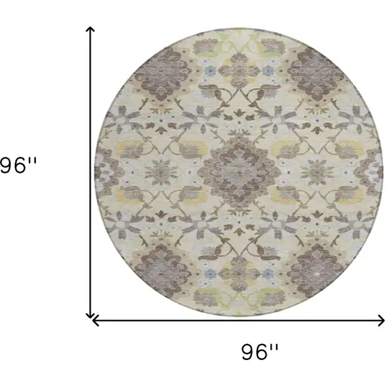 8' Ivory Brown And Green Round Oriental Washable Indoor Outdoor Area Rug Photo 3