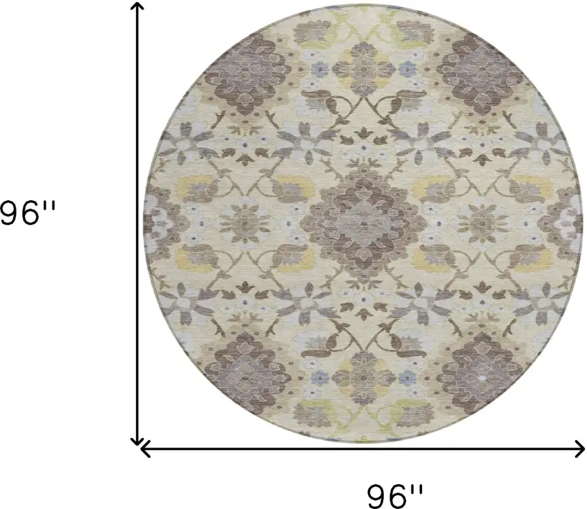 8' Ivory Brown And Green Round Oriental Washable Indoor Outdoor Area Rug Photo 3