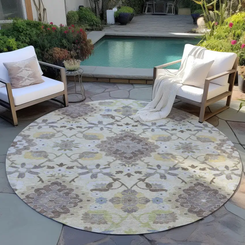 8' Ivory Brown And Green Round Oriental Washable Indoor Outdoor Area Rug Photo 7