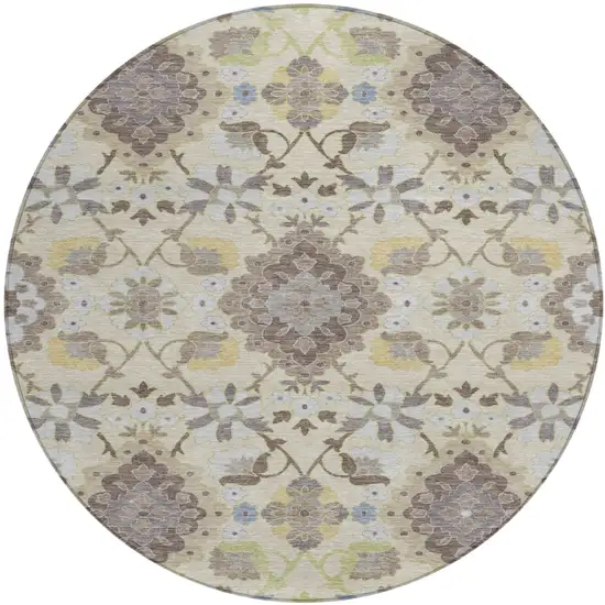 8' Ivory Brown And Green Round Oriental Washable Indoor Outdoor Area Rug Photo 2