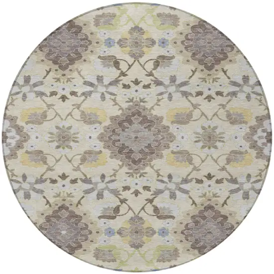 8' Ivory Brown And Green Round Oriental Washable Indoor Outdoor Area Rug Photo 6