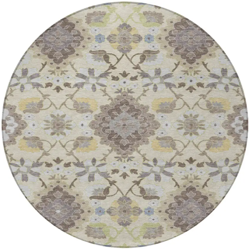 8' Ivory Brown And Green Round Oriental Washable Indoor Outdoor Area Rug Photo 6