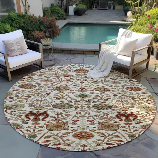 8' Ivory Brown And Red Round Floral Washable Indoor Outdoor Area Rug Photo 8