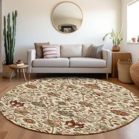 8' Ivory Brown And Red Round Floral Washable Indoor Outdoor Area Rug Photo 9
