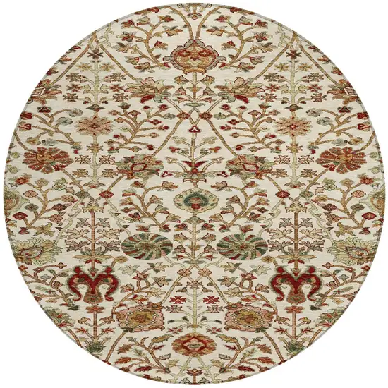 8' Ivory Brown And Red Round Floral Washable Indoor Outdoor Area Rug Photo 6